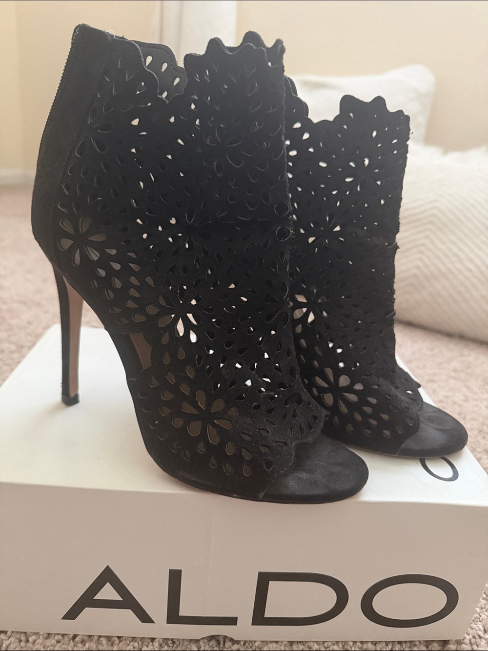 Aldo Black Laser-Cut Peep-Toe Stiletto Booties
